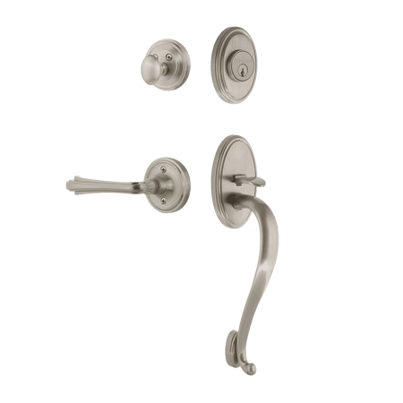 Nostalgic 769751: Entry Lockset w/Classic Backplate, S-Grip Exterior Handle and Fleur Interior Lever - Satin Nickel