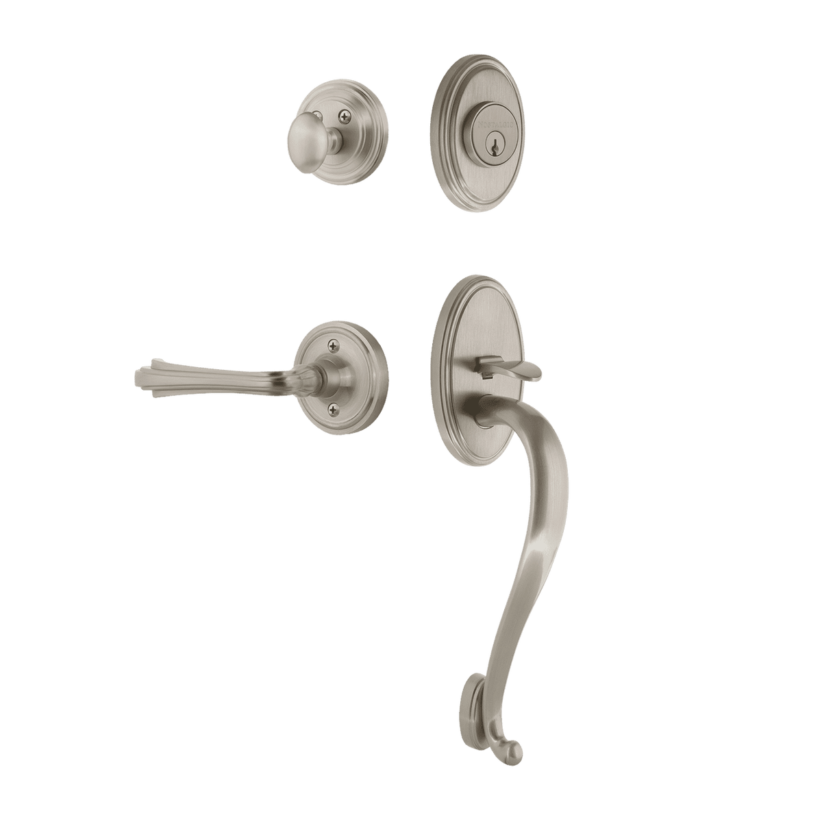 Nostalgic 768711: Entry Lockset w/Classic Backplate, S-Grip Exterior Handle and Fleur Interior Lever - Satin Nickel