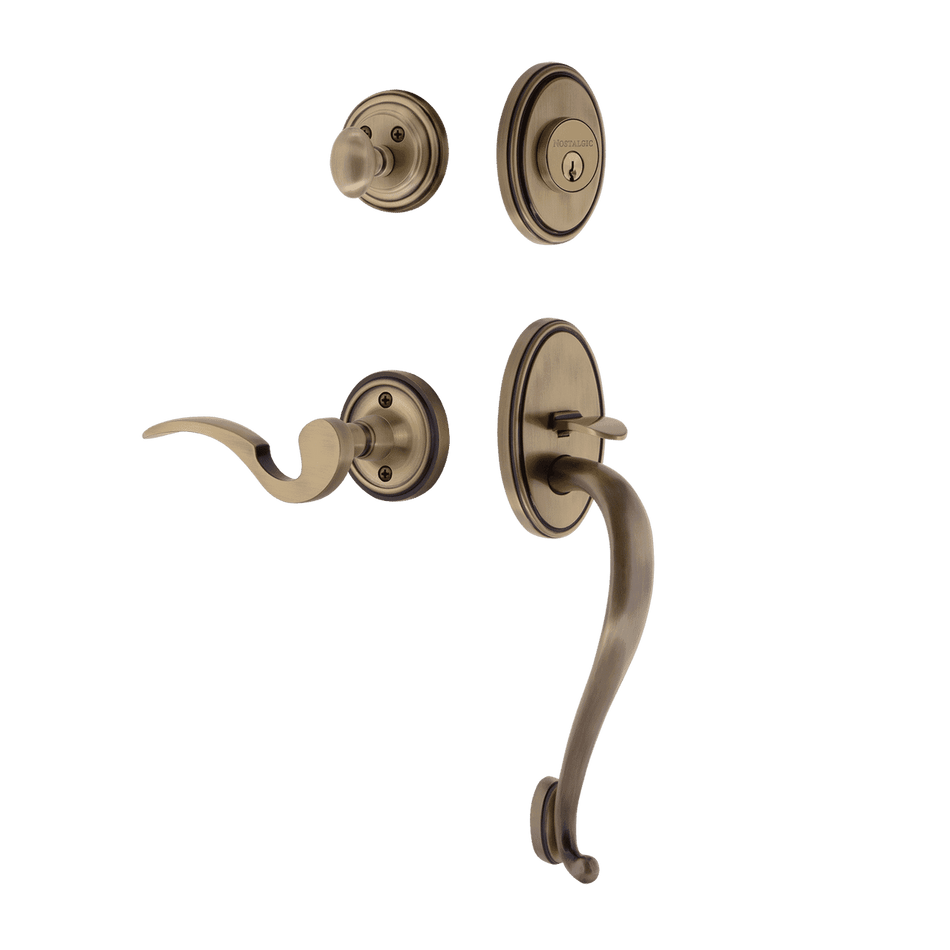 Nostalgic 769787: Entry Lockset w/Classic Backplate, S-Grip Exterior Handle and Manor Interior Lever - Antique Brass