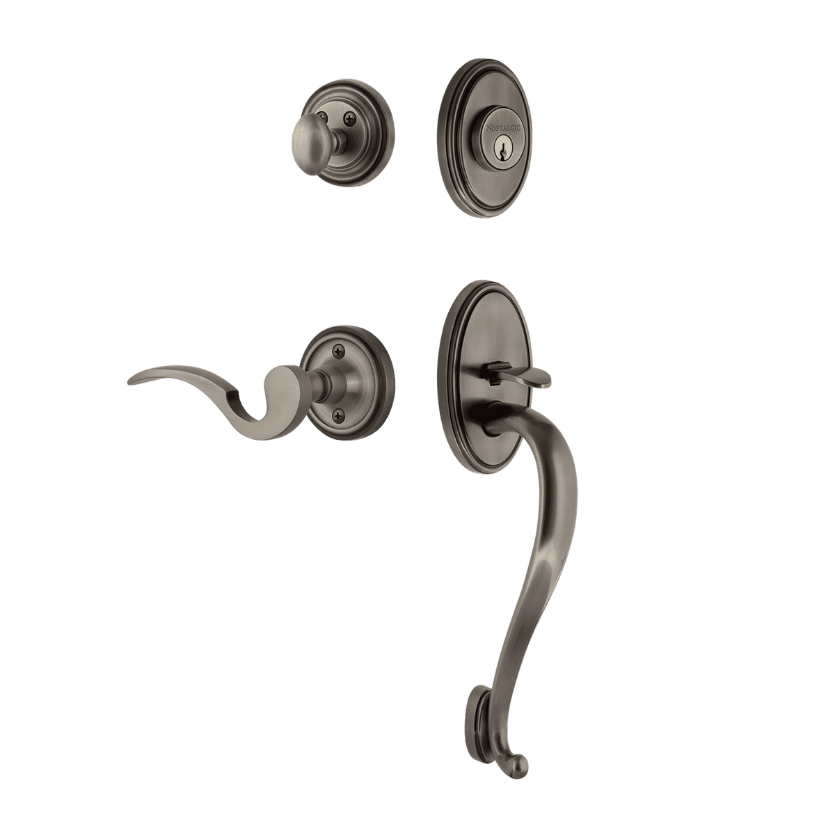 Nostalgic 767314: Entry Lockset w/Classic Backplate, S-Grip Exterior Handle and Manor Interior Lever - Antique Pewter