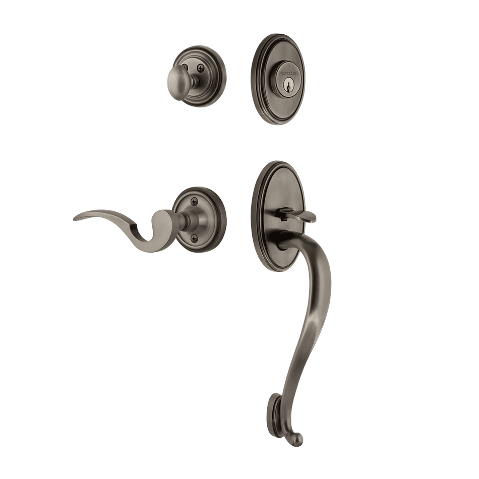 Nostalgic 767313: Entry Lockset w/Classic Backplate, S-Grip Exterior Handle and Manor Interior Lever - Antique Pewter