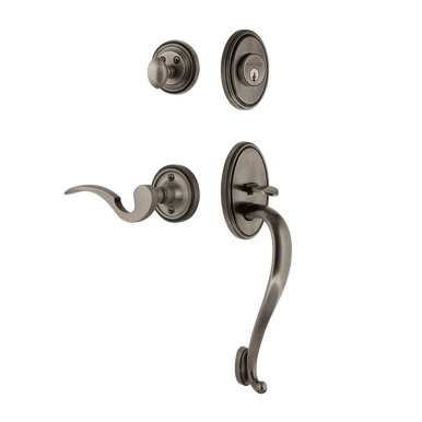 Nostalgic 767313: Entry Lockset w/Classic Backplate, S-Grip Exterior Handle and Manor Interior Lever - Antique Pewter