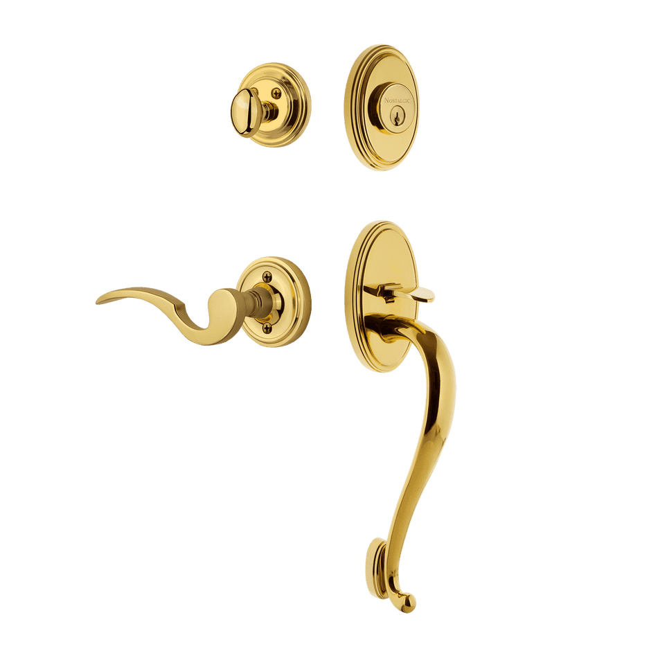 Nostalgic 769791: Entry Lockset w/Classic Backplate, S-Grip Exterior Handle and Manor Interior Lever - Polished Brass