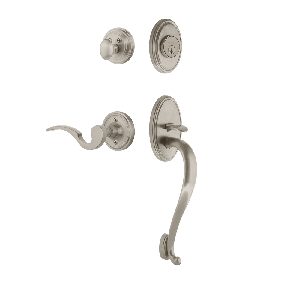 Nostalgic 769790: Entry Lockset w/Classic Backplate, S-Grip Exterior Handle and Manor Interior Lever - Satin Nickel