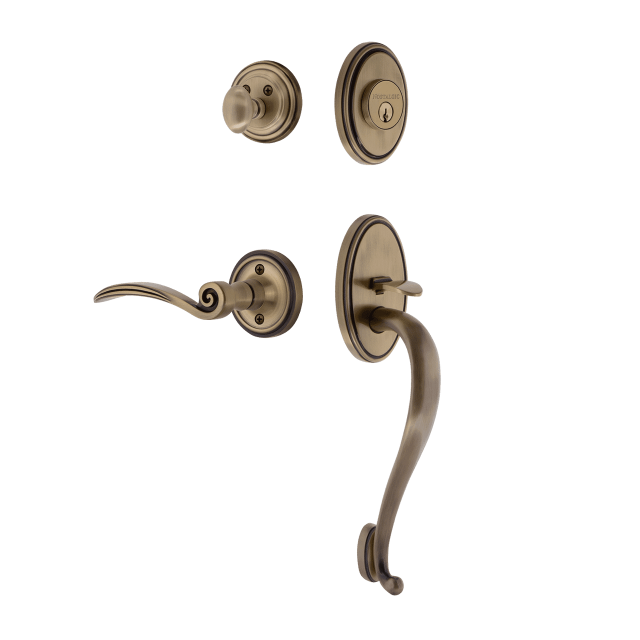 Nostalgic 769876: Entry Lockset w/Classic Backplate, S-Grip Exterior Handle and Swan Interior Lever - Antique Brass