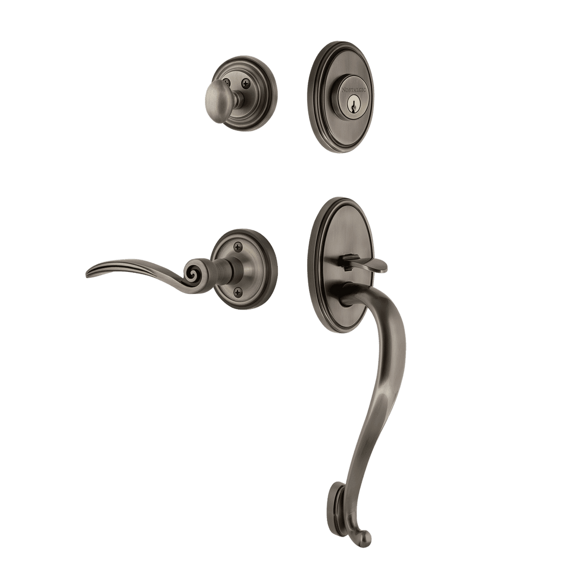Nostalgic 769883: Entry Lockset w/Classic Backplate, S-Grip Exterior Handle and Swan Interior Lever - Antique Pewter