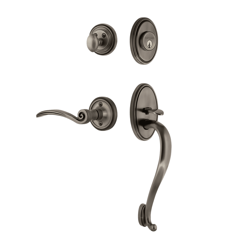 Nostalgic 769883: Entry Lockset w/Classic Backplate, S-Grip Exterior Handle and Swan Interior Lever - Antique Pewter