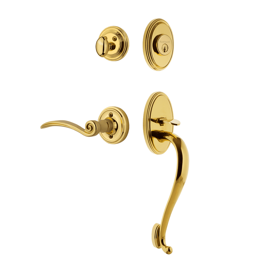 Nostalgic 769881: Entry Lockset w/Classic Backplate, S-Grip Exterior Handle and Swan Interior Lever - Polished Brass