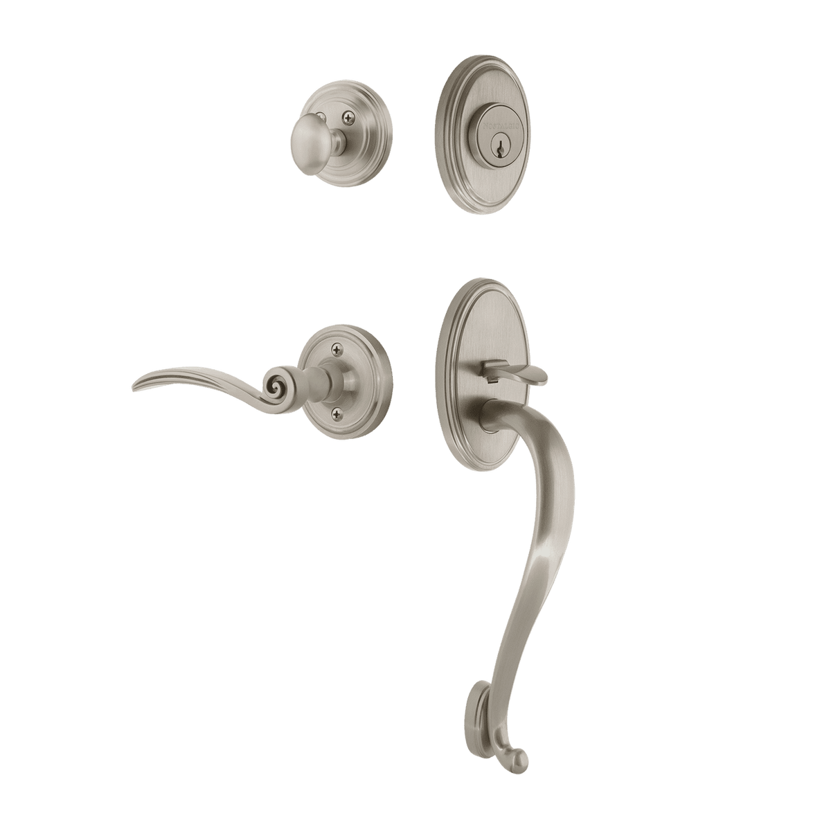 Nostalgic 769877: Entry Lockset w/Classic Backplate, S-Grip Exterior Handle and Swan Interior Lever - Satin Nickel