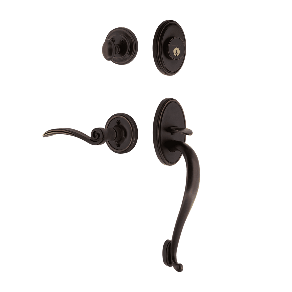 Nostalgic 769910: Entry Lockset w/Classic Backplate, S-Grip Exterior Handle and Swan Interior Lever - Timeless Bronze