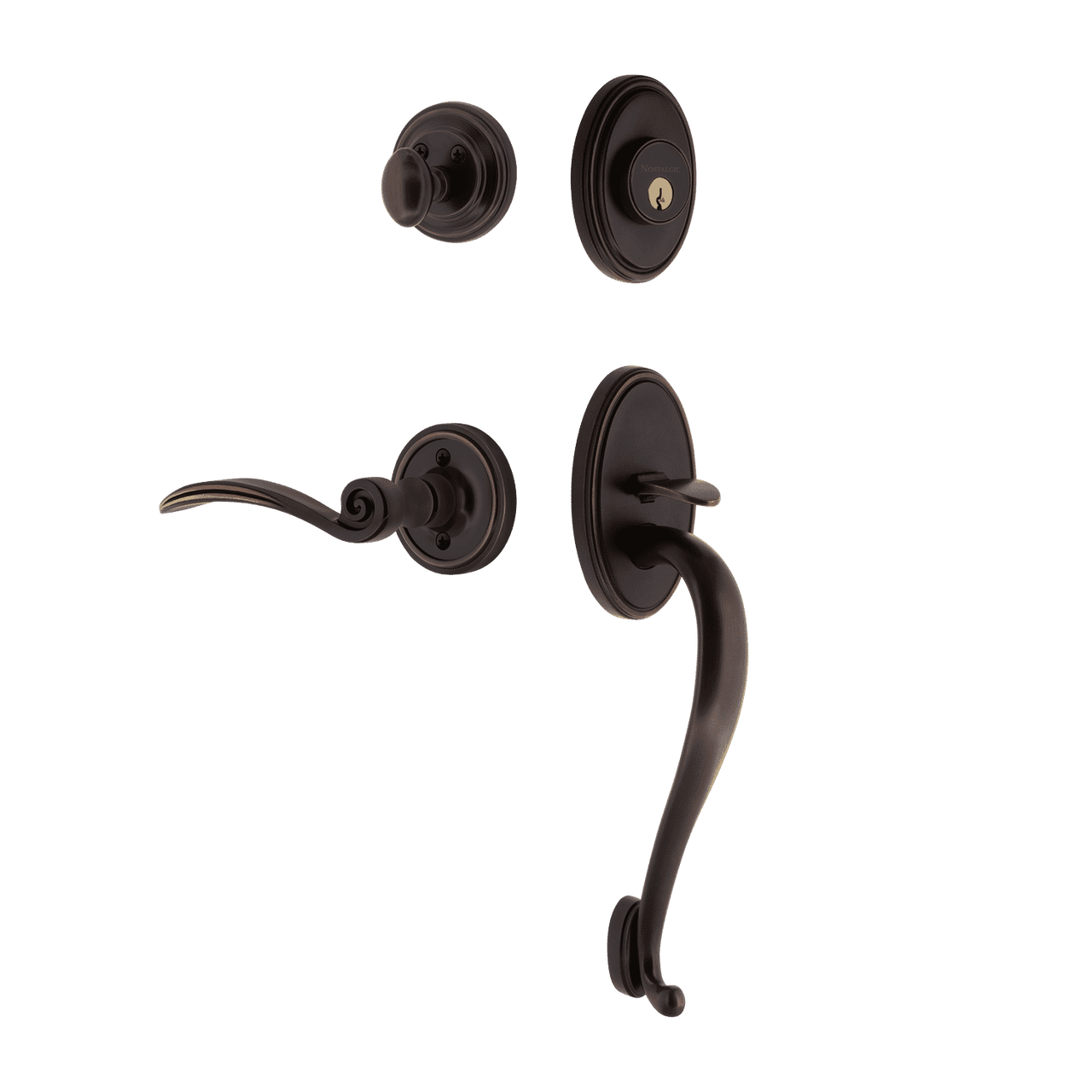 Nostalgic 768015: Entry Lockset w/Classic Backplate, S-Grip Exterior Handle and Swan Interior Lever - Timeless Bronze