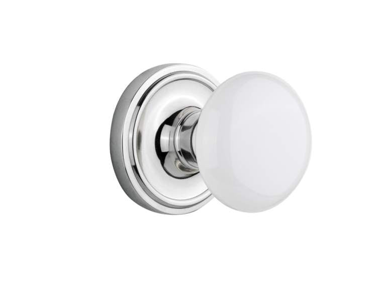 Nostalgic 702209: Classic Rosette w/White Porcelain Knob Passage Door Set - Bright Chrome