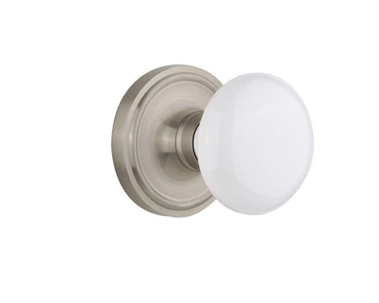 Nostalgic 702201: Mortise Classic Rosette with White Porcelain Knob - Satin Nickel
