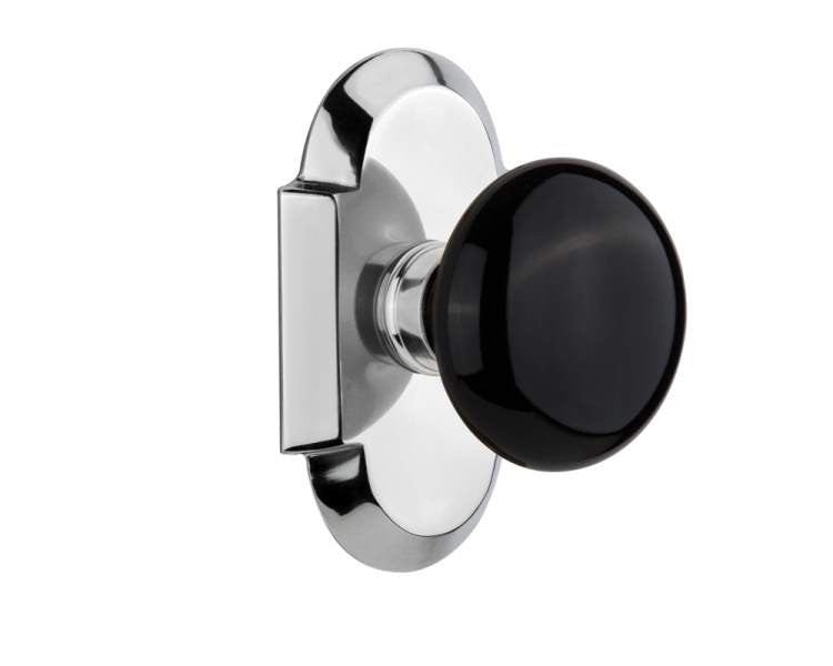 Nostalgic 713069: Cottage Backplate w/Black Porcelain Knob Single Dummy Door Set - Bright Chrome