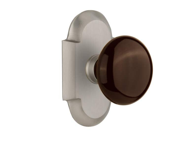 Nostalgic 712983: Cottage Backplate w/Brown Porcelain Knob Privacy Door Set - Satin Nickel