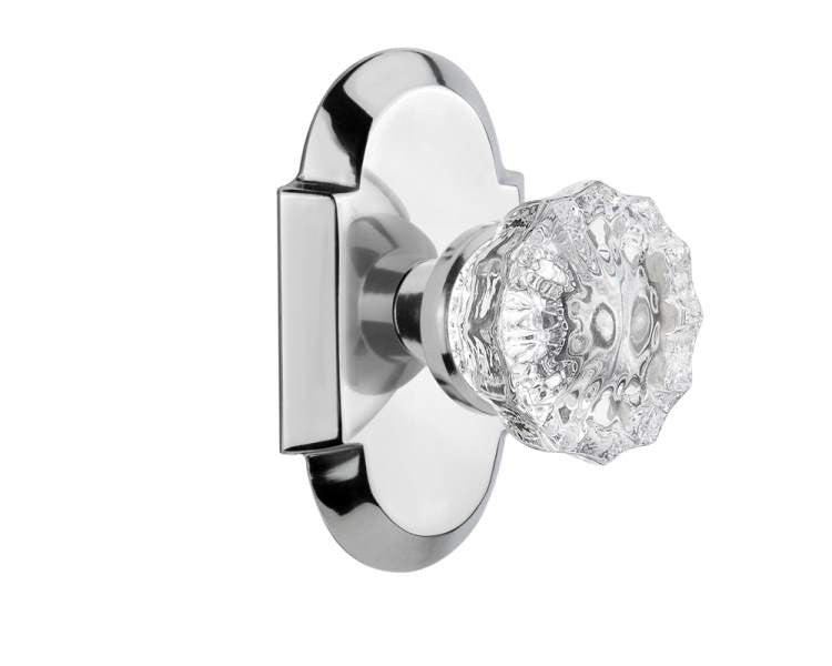 Nostalgic 712802: Cottage Backplate w/Clear Crystal Glass Knob Passage Door Set - Bright Chrome
