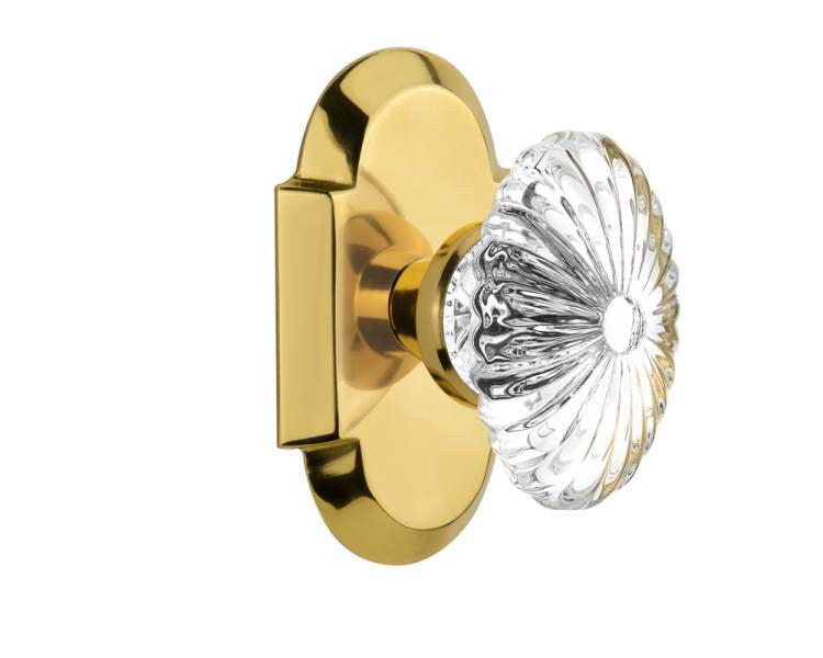 Nostalgic 712845: Cottage Backplate w/Oval Fluted Clear Glass Crystal Knob Passage Door Set - Polished Brass