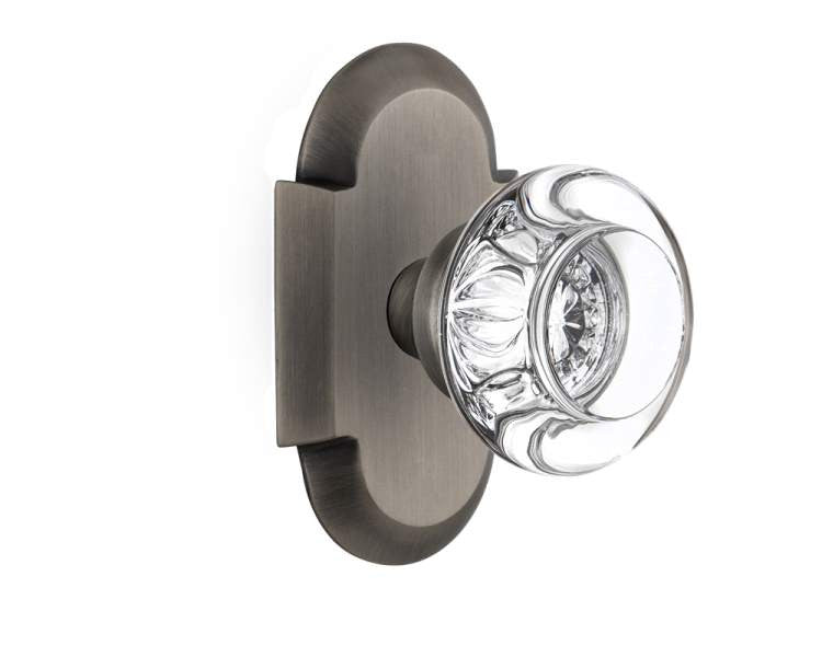 Nostalgic 712849: Cottage Backplate w/Round Clear Glass Crystal Knob Passage Door Set - Antique Pewter