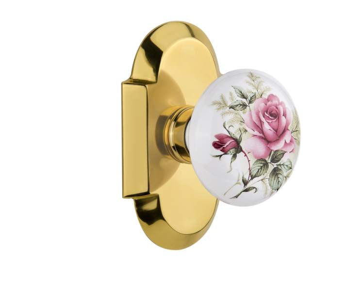 Nostalgic 711021: Cottage Backplate w/White Rose Porcelain Knob Single Dummy Door Set - Polished Brass