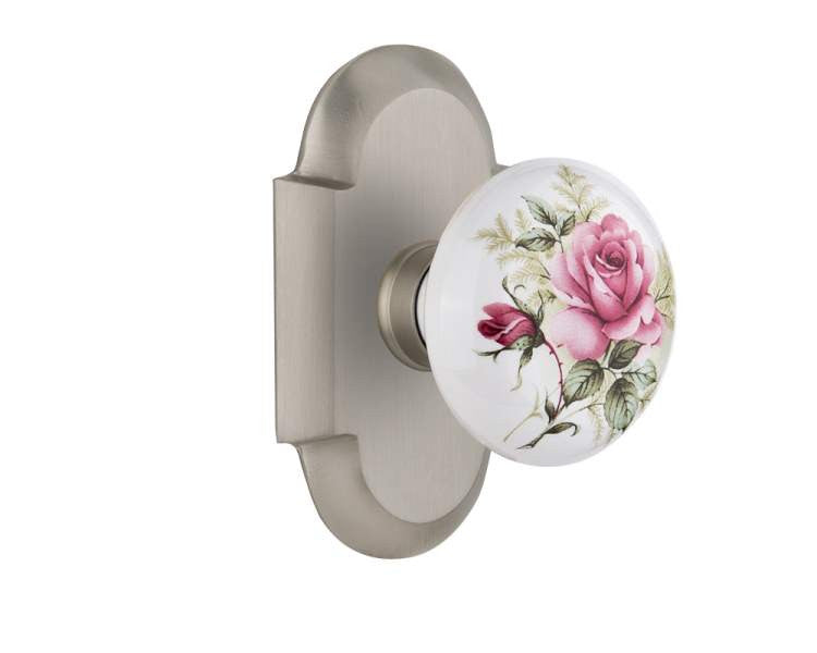 Nostalgic 712860: Cottage Backplate w/White Rose Porcelain Knob Passage Door Set - Satin Nickel