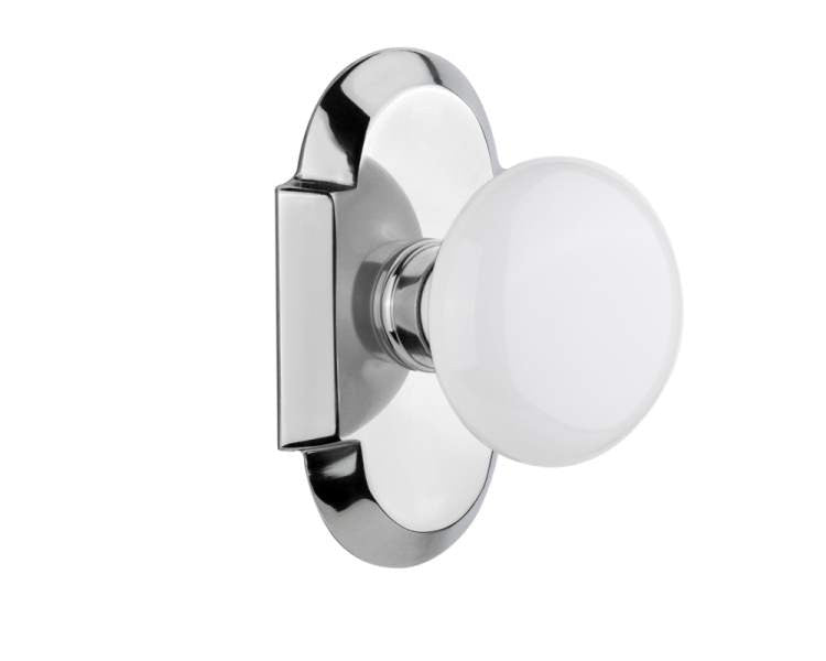 Nostalgic 713083: Cottage Backplate w/White Porcelain Knob Single Dummy Door Set - Bright Chrome