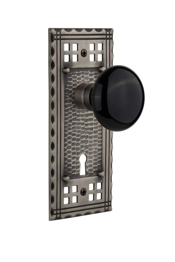 Nostalgic 715455: Craftsman Backplate w/Black Porcelain Knob Single Dummy Door Set - Antique Pewter