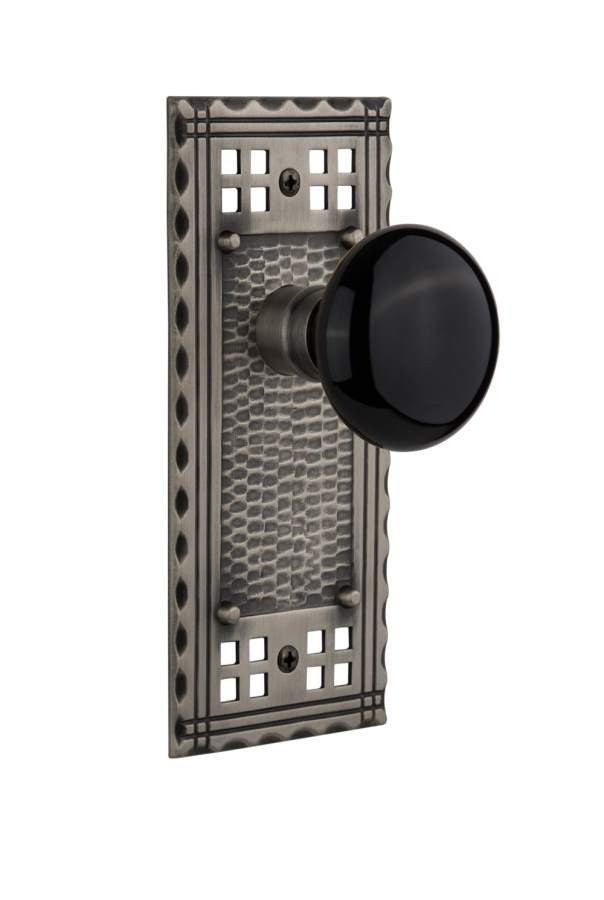 Nostalgic 715647: Craftsman Backplate w/Black Porcelain Knob Privacy Door Set - Antique Pewter