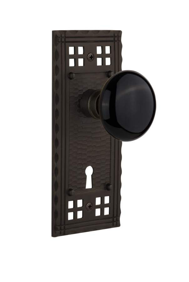 Nostalgic 715328: Craftsman Backplate w/Black Porcelain Knob Passage Door Set - Oil-Rubbed Bronze