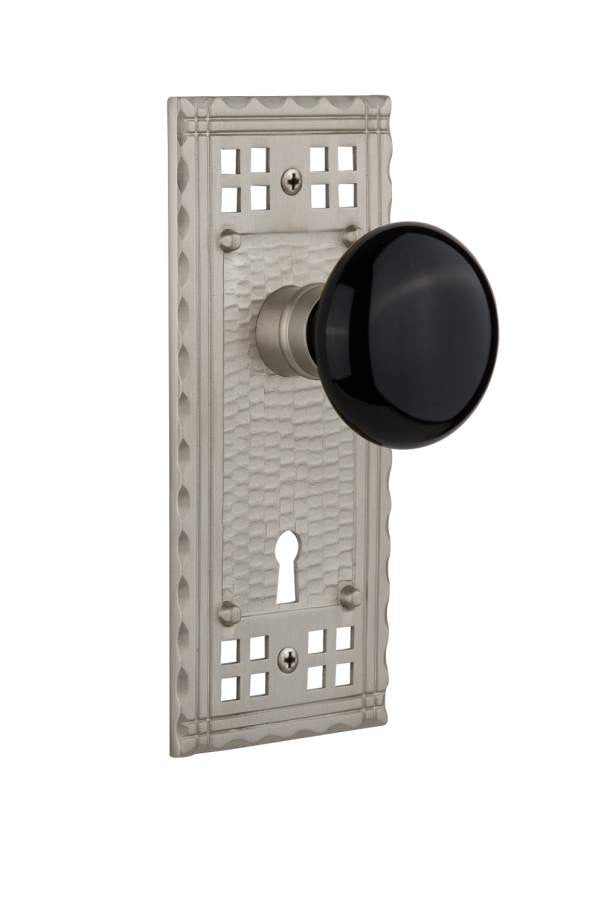 Nostalgic 715777: Mortise Craftsman Plate w/ Black Porcelain Knob - Satin Nickel