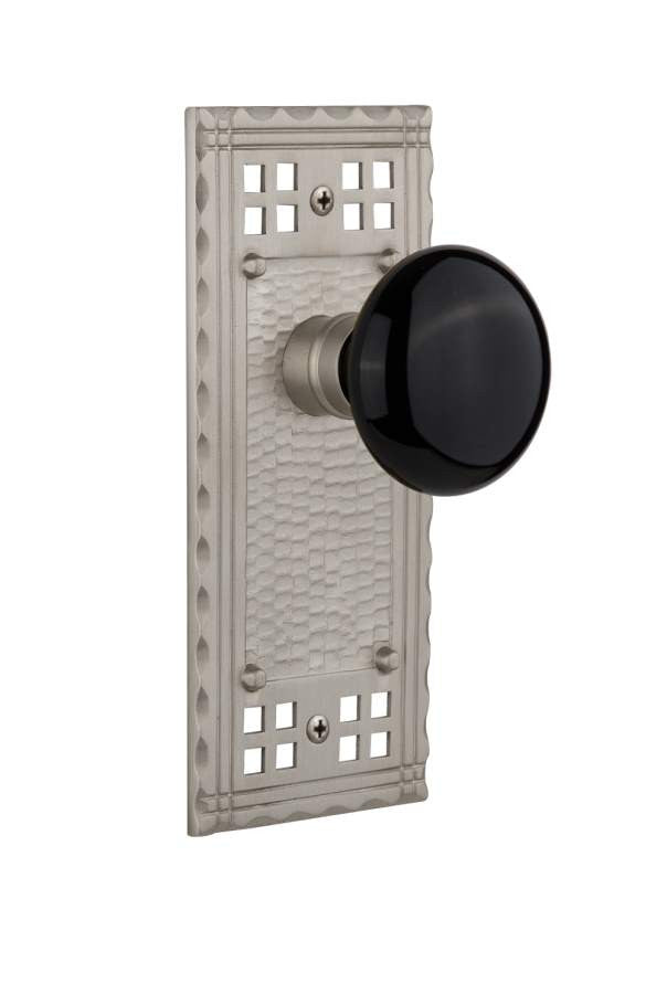 Nostalgic 715265: Craftsman Backplate w/Black Porcelain Knob Passage Door Set - Satin Nickel