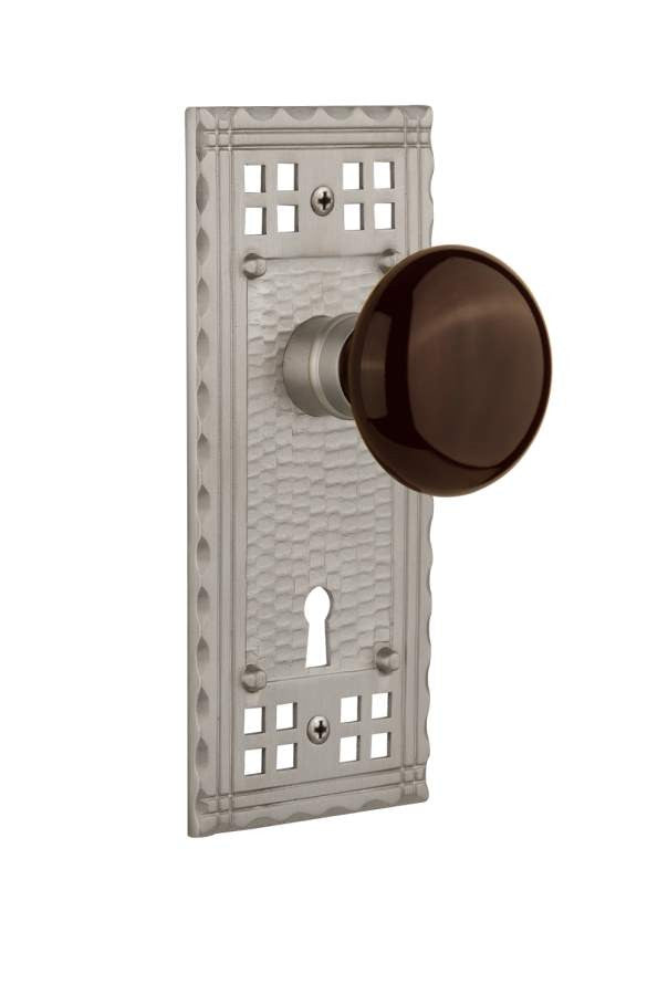 Nostalgic 715333: Craftsman Backplate w/Brown Porcelain Knob Passage Door Set - Satin Nickel