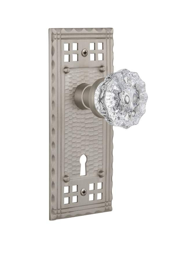 Nostalgic 715297: Craftsman Backplate w/Clear Crystal Glass Knob Passage Door Set - Satin Nickel