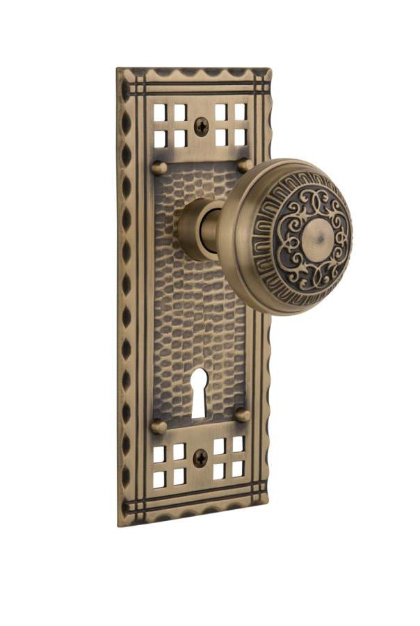 Nostalgic 715298: Craftsman Backplate w/Egg & Dart Knob Passage Door Set - Antique Brass
