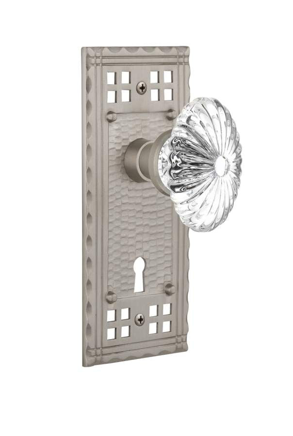 Nostalgic 715725: Craftsman Backplate w/Oval Fluted Clear Glass Crystal Knob Privacy Door Set - Satin Nickel