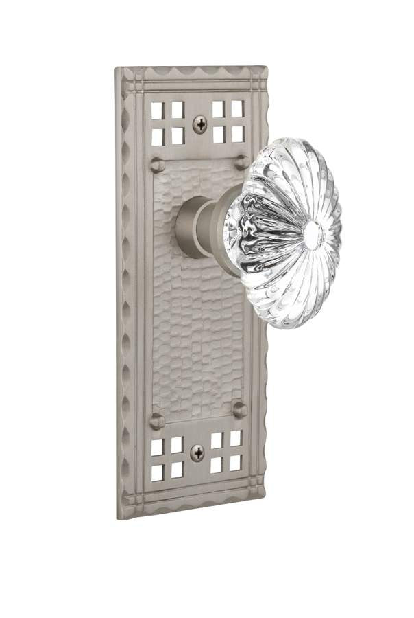Nostalgic 715277: Craftsman Backplate w/Oval Fluted Clear Glass Crystal Knob Passage Door Set - Satin Nickel