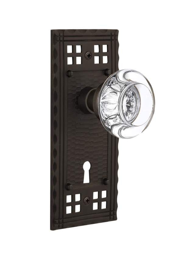 Nostalgic 715348: Craftsman Backplate w/Round Clear Glass Crystal Knob Passage Door Set - Oil-Rubbed Bronze