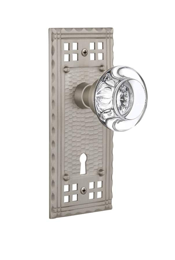 Nostalgic 715733: Craftsman Backplate w/Round Clear Glass Crystal Knob Privacy Door Set - Satin Nickel