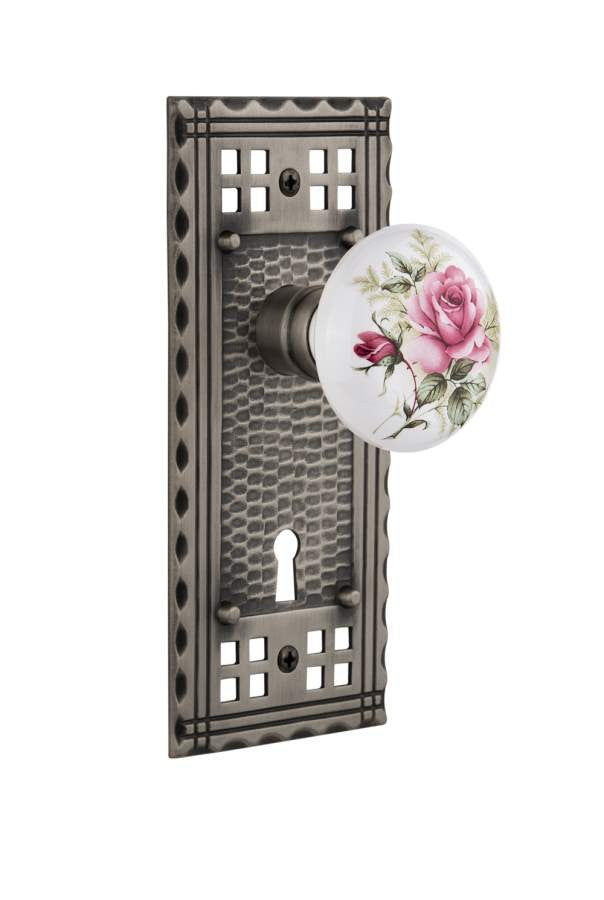 Nostalgic 715791: Mortise Craftsman Plate White Rose Porcelain Knob - Antique Pewter