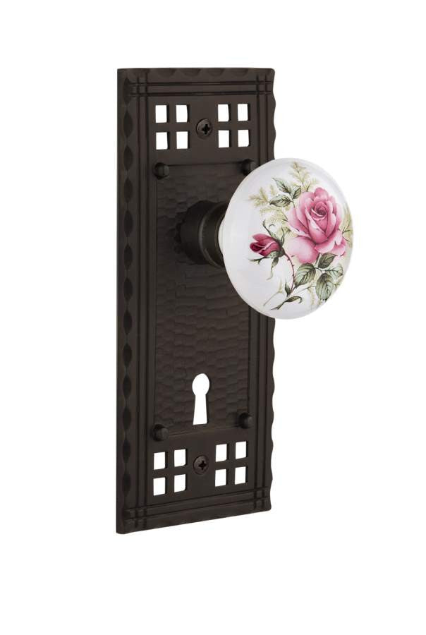 Nostalgic 715728: Craftsman Backplate w/White Rose Porcelain Knob Privacy Door Set - Oil-Rubbed Bronze