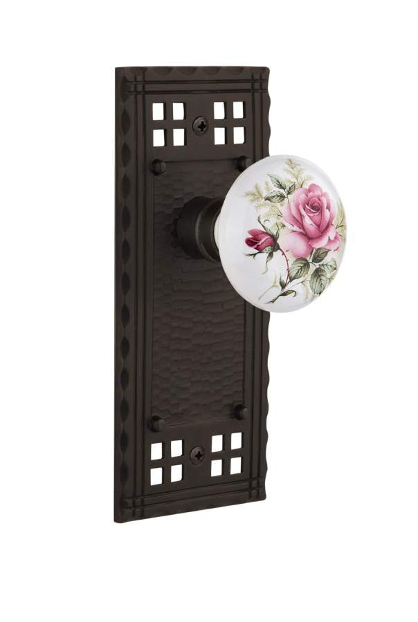 Nostalgic 715408: Craftsman Backplate w/White Rose Porcelain Knob Single Dummy Door Set - Oil-Rubbed Bronze