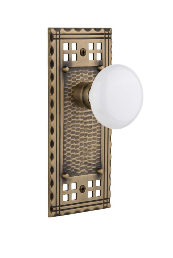 Nostalgic 715386: Craftsman Backplate w/White Porcelain Knob Single Dummy Door Set - Antique Brass