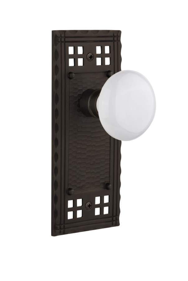 Nostalgic 715644: Craftsman Backplate w/White Porcelain Knob Privacy Door Set - Oil-Rubbed Bronze