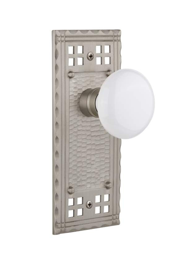 Nostalgic 715261: Craftsman Backplate w/White Porcelain Knob Passage Door Set - Satin Nickel