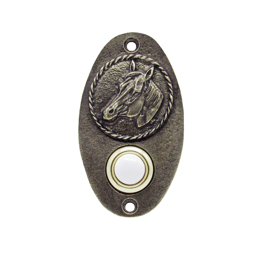 Buck Snort DB00010-1200: 3-1/8" Oval Horse Head Door Bell - Oxidized Brass