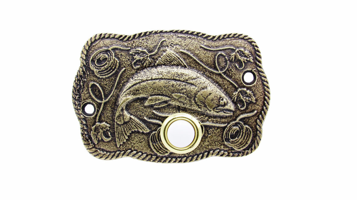 Buck Snort DB00914-1200: 4" Trout Scene Door Bell - Oxidized Brass
