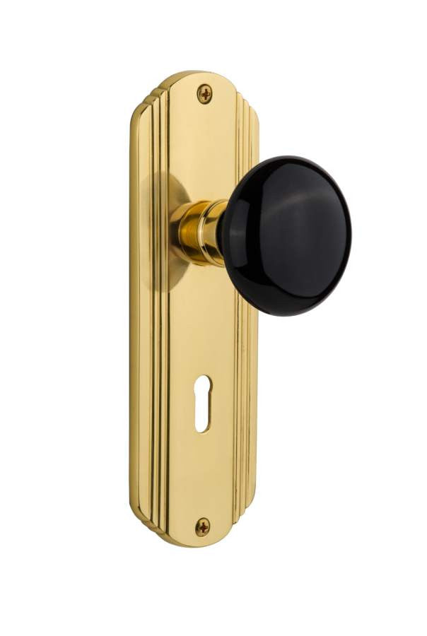 Nostalgic 710346: Deco Backplate w/Black Porcelain Knob Privacy Door Set - Polished Brass