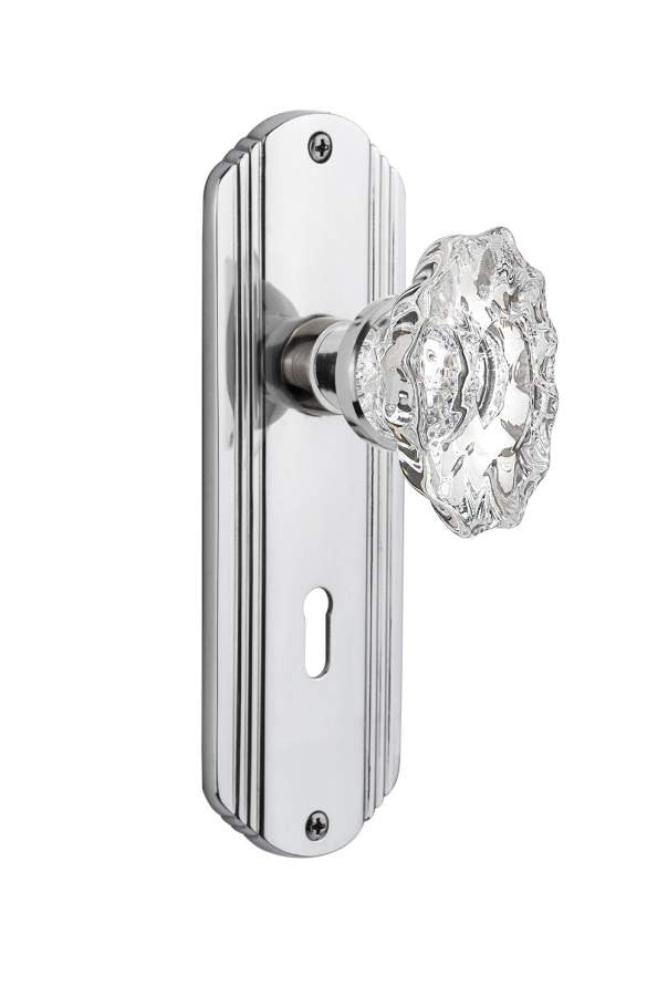 Nostalgic 713674: Deco Backplate w/Chateau Knob Passage Door Set - Bright Chrome