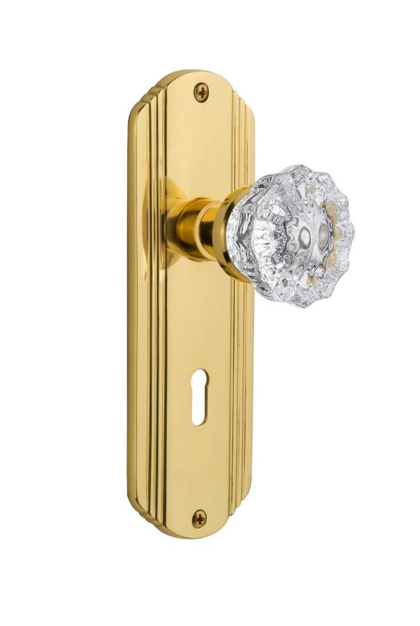 Nostalgic 701120: Deco Backplate w/Clear Crystal Glass Knob Privacy Door Set - Polished Brass