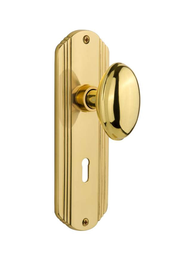 Nostalgic 704432: Deco Backplate w/Homestead Knob Privacy Door Set - Polished Brass