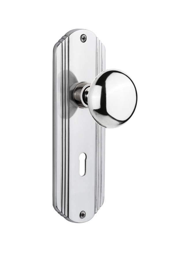Nostalgic 702606: Deco Backplate w/New York Knob Passage Door Set - Bright Chrome
